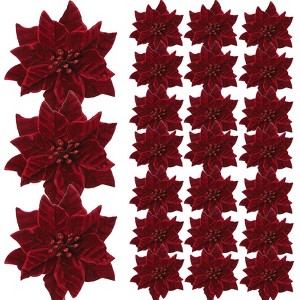 Orieon 24 Velvet Poinsettia Christmas Flowers with Glitter, 6.3" Artificial Blooms for Wreaths, Garlands & Holiday Decor, Claret - 1 of 4