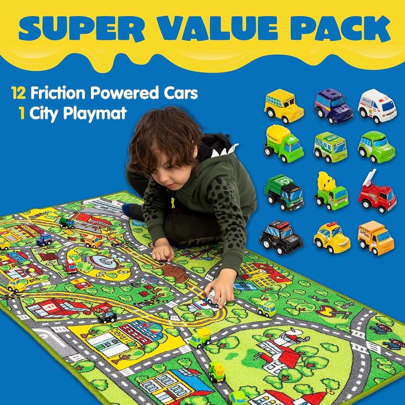 Syncfun Carpet Playmat w/ 12 Cars Pull-Back Vehicle Set for Kids Age 3+, Jumbo Play Room Rug, City Pretend Play, 4 of 10