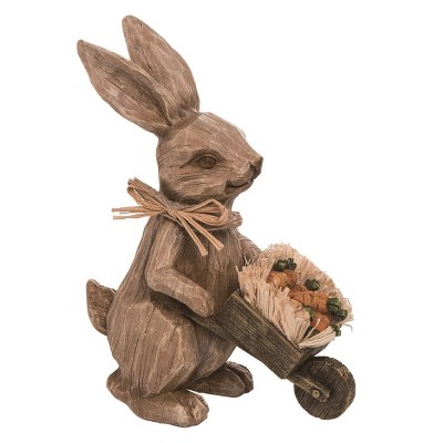 Transpac Resin 9 in. Brown Spring Carved Bunny with Carrot in Wheelbarrow Figurine