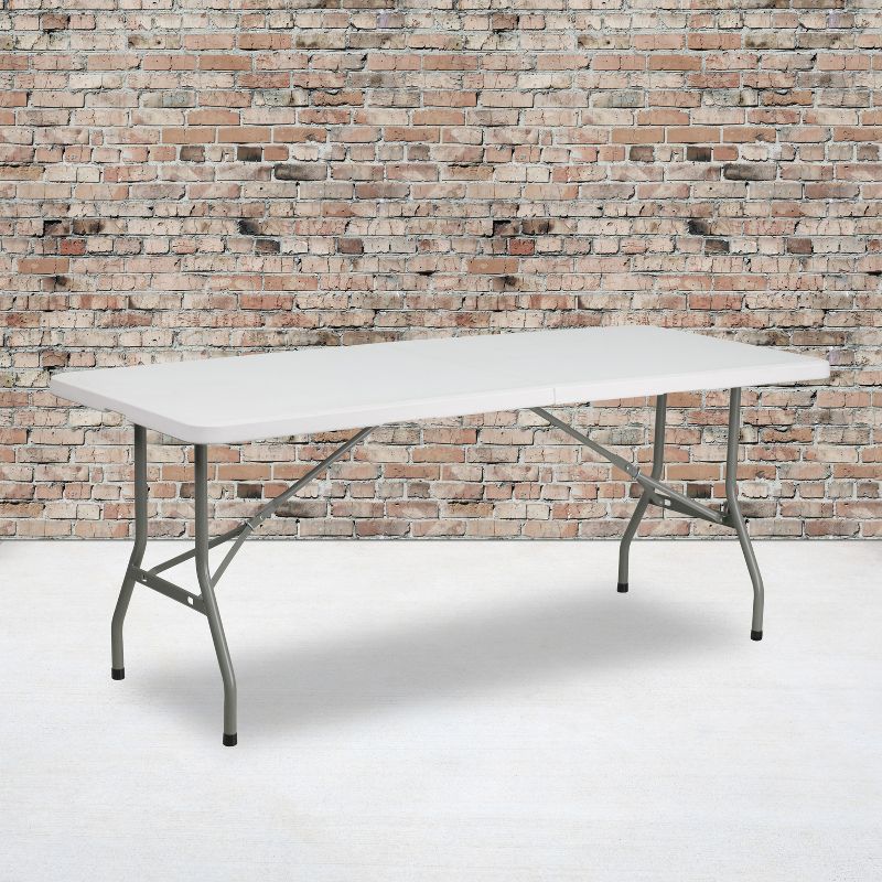 Emma and Oliver 6-Foot Bi-Fold Granite White Plastic Folding Table with Carrying Handle, 2 of 7