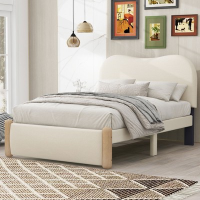 Gulches Twin Size Upholstered Platform Bed with Wood Supporting Feet, Beige