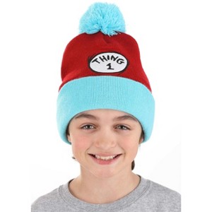 HalloweenCostumes.com    Dr. Seuss Thing 1 Pom Beanie, Blue/Red - 1 of 3