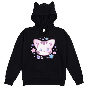 Kawaii Cat Women's Black Long Sleeve Hooded Sweatshirt With 3D Ears - 1 of 3