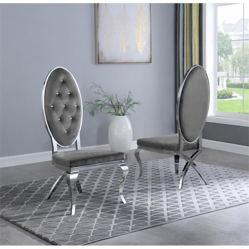 Tufted Velvet Dining Chairs in Dark Gray with Silver Stainless Steel (Set of 2), 2 of 3