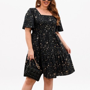 YESFASHION Plus Size Dress Womens Short Sleeve Square Neck Tiered Star Print Mini Dress For Casual Summer Vacation Outfits，Black，4X : Target