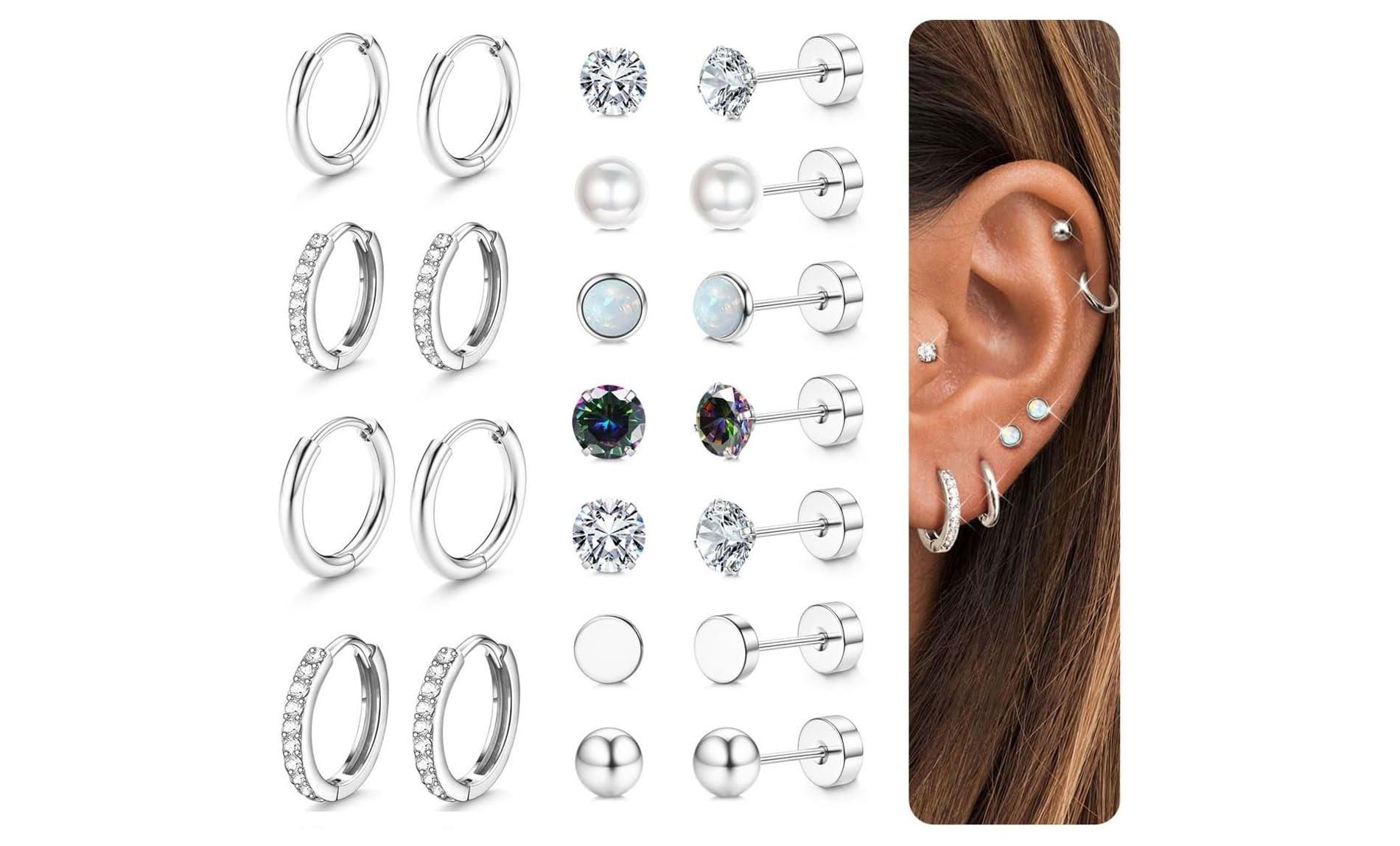 Surgical Steel Flat Back Earrings Set - Hypoallergenic Cartilage Stud & Small Hoop Stackable Jewelry for Women, Multiple Piercing Gift