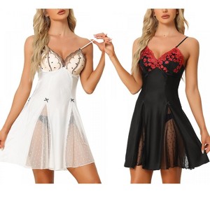 INSPIRE CHIC Women's 2 Pcs Lingerie Babydoll Satin Mini Chemise with Mesh Inset Sweet Nightgown - 1 of 4