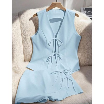 TIME HOLLOW Lilac Front Buckle Vest Jacket Set