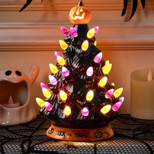 Joyfy 8.5'' Tall Halloween Tabletop Tree Decoration, Pumpkin Gnome Ceramic Tree with Built-in LEDs for Halloween Party Supplies Indoor Decorations - 1 of 4