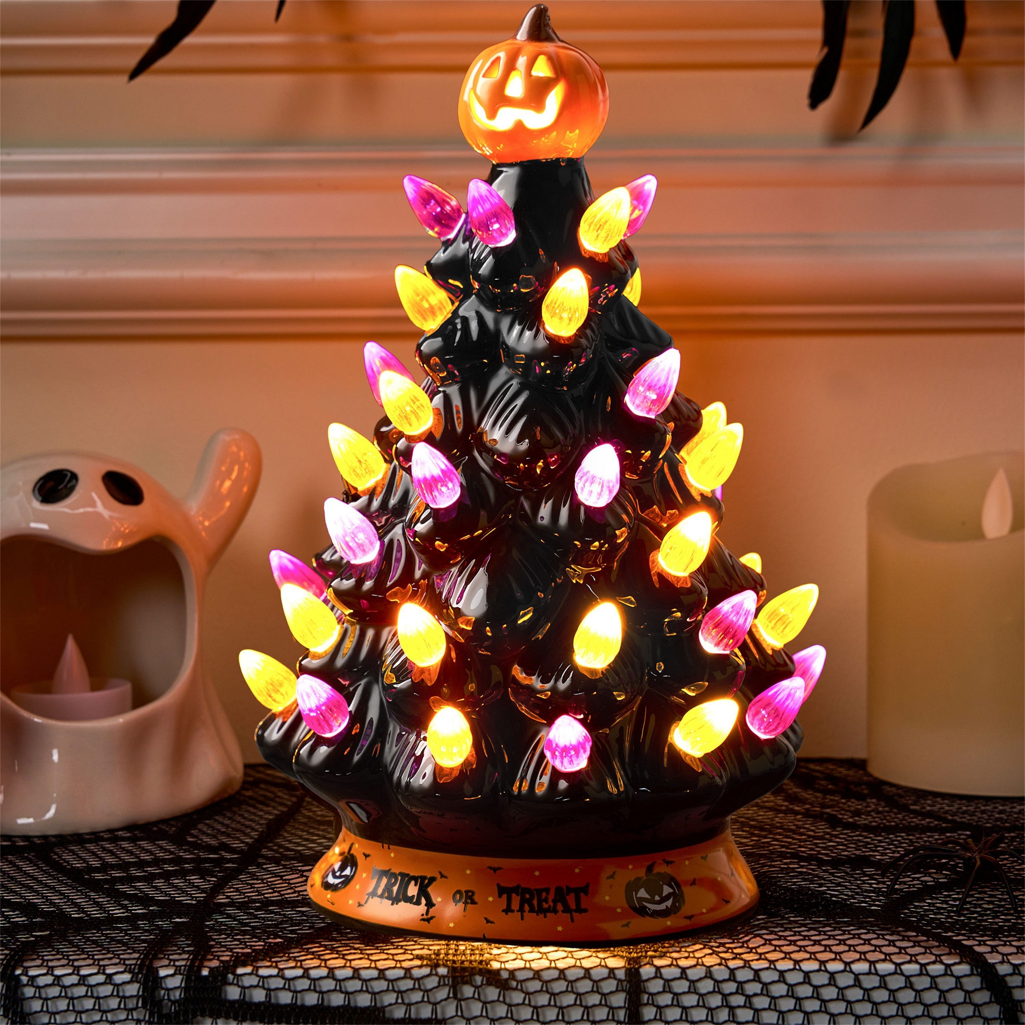 Joyfy 8.5'' Halloween Ceramic Tree with Orange Pumpkin, Prelit Tabletop Tree with Multicolor Bulbs LED Lights for Halloween Party Indoor Decorations