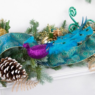 NORTHLIGHT 12" Glittered Jeweled Peacock Bird Clip-On Christmas Ornament - Purple/Blue