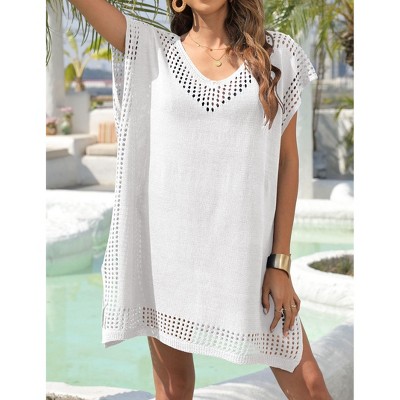 Women's Crewneck Cover Up Dress Fashion Knit Eyelet Beach Dresses Summer Loose Fit Coverup Mini Dress