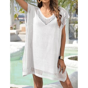 Women's Crewneck Cover Up Dress Fashion Knit Eyelet Beach Dresses Summer Loose Fit Coverup Mini Dress - 1 of 4