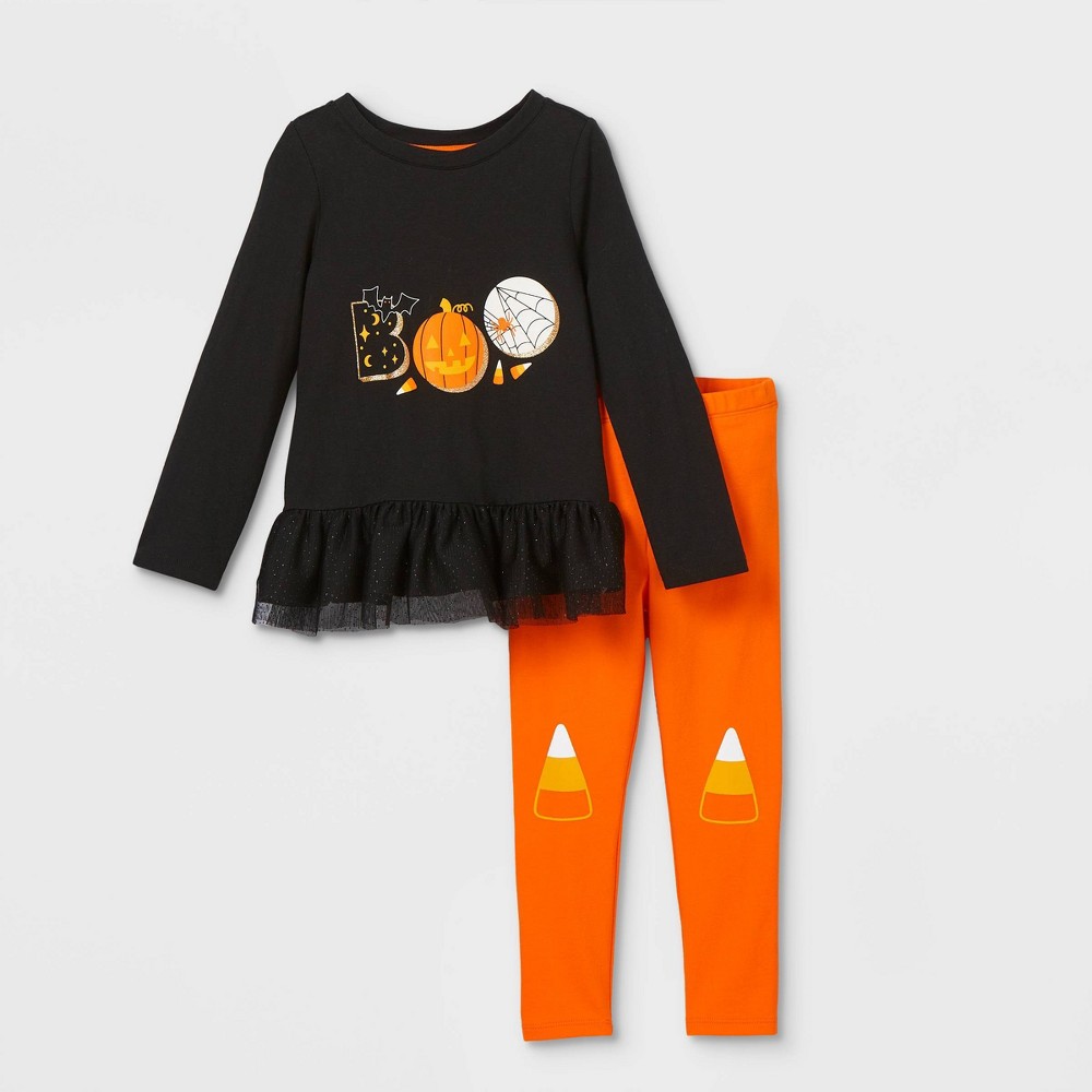 Toddler Girls' 'Boo' Peplum Long Sleeve Top & Candy Corn Leggings Set - Cat & Jack Black/Orange 18M