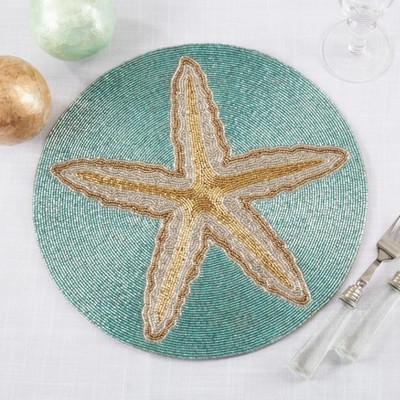 Aqua and Gold Starfish Beaded Round Placemats Set