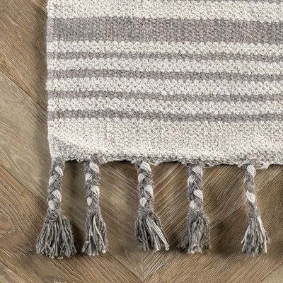 Light Gray Wool and Cotton Striped Flatweave Rug with Tassels, 5' x 8'
