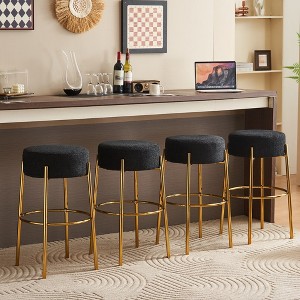30" Tall, Round High Bar Stools, Set of 2 - Contemporary upholstered dining stools for kitchens,Black+Golden - 1 of 4