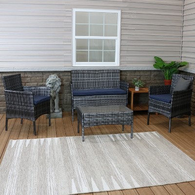 Gray Rattan 4-Piece Patio Set with Navy Cushions