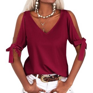 Imily Bela Women Summer V Neck Cold Shoulder Tops Loose Casual Tee Chic Cutout Blouse - 1 of 4