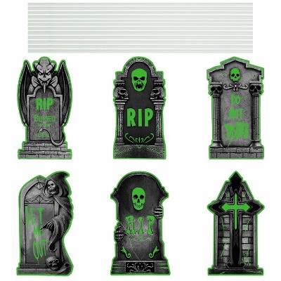 iMountek "6Pcs Halloween Glow-in-the-Dark Tombstone Yard Signs with 12 Stakes for Haunted House, Garden, and Party Decorations" Gray