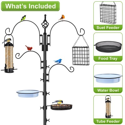 Tall Black Metal Bird Feeding and Bath Station with Hooks