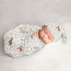 Sweet Jojo Designs Gender Neutral Baby Cocoon and Beanie Hat Swaddle Wrap Woodland Toile Multicolor 2pc - 1 of 4