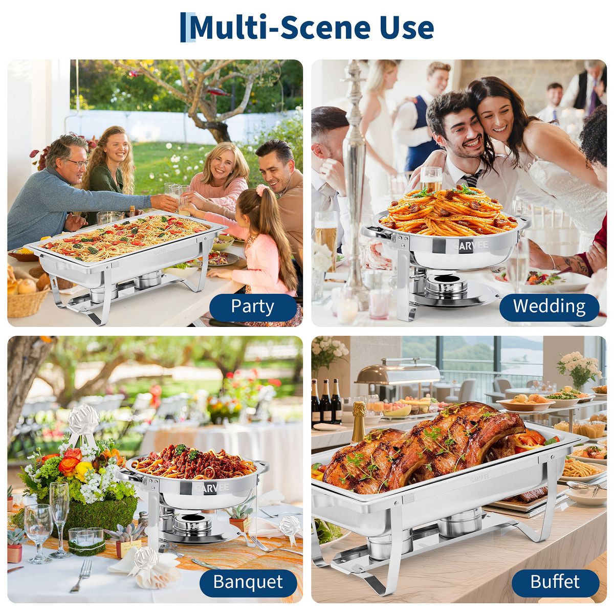Chafing Dish Buffet Set, 8 Qt Rectangle & 5 Qt Round Stainless Steel Chafers and Food Warmer Sets with Lid, Food & Water Pan and Fuel Holder - thumbnail 10