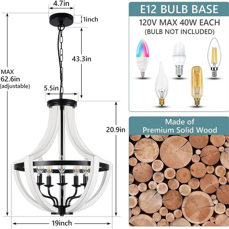 19" Farmhouse 5-Lights White Birch+Black Antique Metal Chandeliers Pendant Light Fixtures wood chandelier With Adjustable Length-The Pop Home, 4 of 8