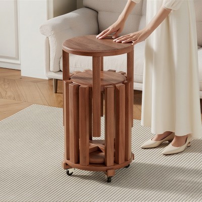 Lyngins 4-Piece Stackable Solid Wood Stool Set/Round Side Table, Bedroom Nightstand, Small End Table, Dining Stools (2 with Locking Wheels), Walnut