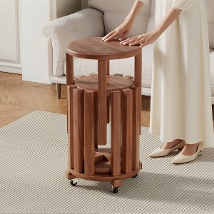 Lyngins 4-Piece Stackable Solid Wood Stool Set/Round Side Table, Bedroom Nightstand, Small End Table, Dining Stools (2 with Locking Wheels), Walnut - 1 of 4