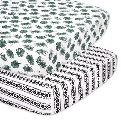 The Peanutshell Fitted Crib Sheets - Green Botanical Leaf and Stripe - 2pk