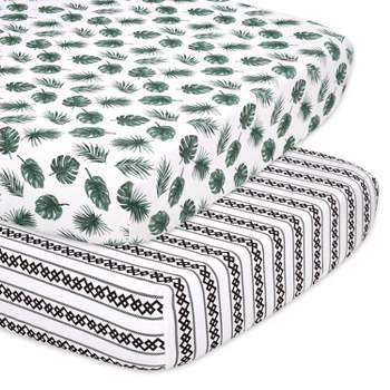 The Peanutshell Fitted Crib Sheets - Green Botanical Leaf and Stripe - 2pk