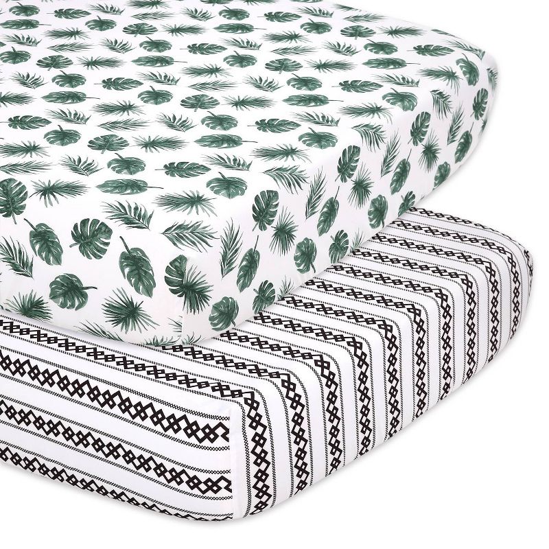 The Peanutshell Fitted Crib Sheets - Green Botanical Leaf and Stripe - 2pk, 1 of 9