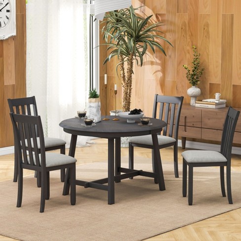 5 Pcs Round Wood Extendable Dining Table Set With 4 Dining Chairs, Gray 