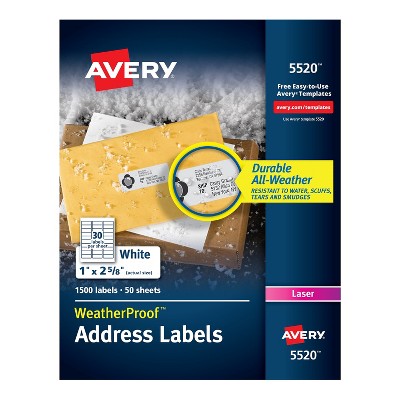 Avery Weatherproof Address Labels for Laser White 1500/Box (5520) 440728