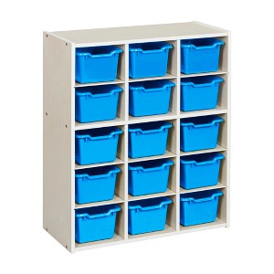 ECR4Kids Streamline 15 Cubby Tray Cabinet with 15 Scoop Front Storage Bins, 5x3, White Wash - 1 of 4