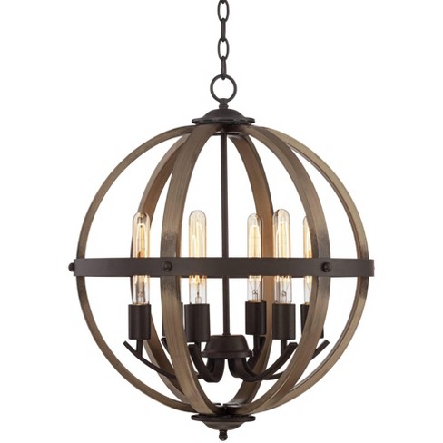 Rustic Farmhouse Led 6 Light Fixture, Wood And Metal Globe Chandelier