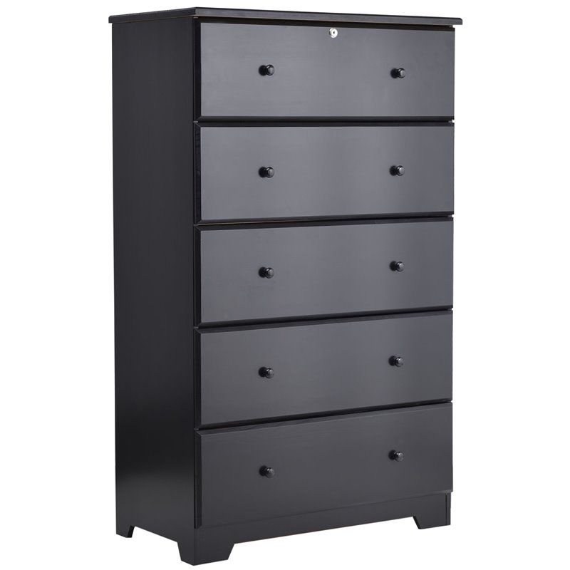 Better Home Products Isabela Solid Pine Wood 5 Drawer Chest Dresser in Black, 1 of 8