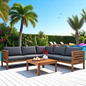 6-Piece Outdoor Acacia Wood Sofa Set with Cushions, Modular Patio Conversation Set for Garden, Gazebo, Balcony, or Courtyard - 1 of 4