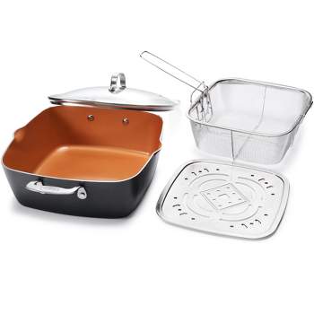 Gotham Steel 11 Deep Square Nonstick Pan with Steamer Tray,Fry Basket and Glass Lid
