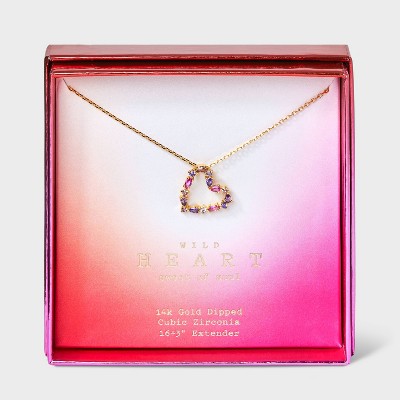 14K Gold Dipped Cubic Zirconia Open Heart Pendant Necklace - A New Day™ Purple/Pink