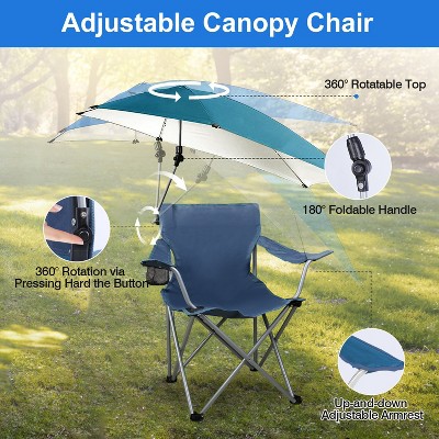 Black Foldable Camping Chair with Adjustable Blue Canopy and Armrests