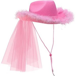Pink Cowgirl Hat with Veil, Felt Cowboy Hat for Teens & Adults, Fun Bachelorette or Western Party Costume Accessory, Halloween Dress-Up Hat - 1 of 1
