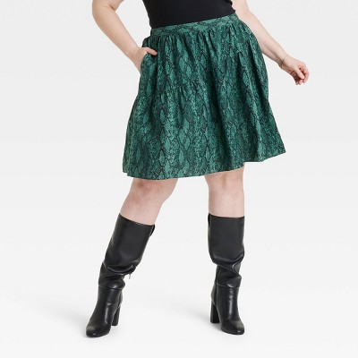 Women's High-Rise Ruched Knit Slit A-Line Skirt - Ava & Viv™ Green 2X