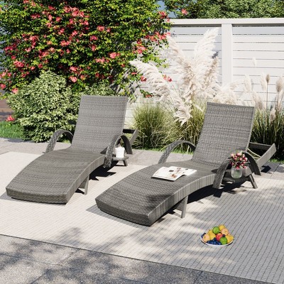 80'' Outdoor Wicker Chaise Lounge Chairs Set of 2, Patio Rattan Reclining Chair Pull-out Side Table Adjustable Backrest Ergonomic Wave Design