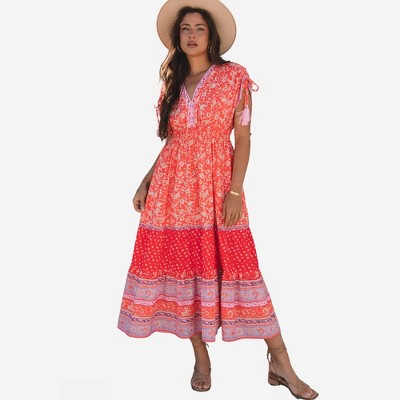 Amaryllis Women’s Sleeveless Boho Floral Print Midi Dress with Tiered Skirt Tassel Tie V Neck Smocked Waist