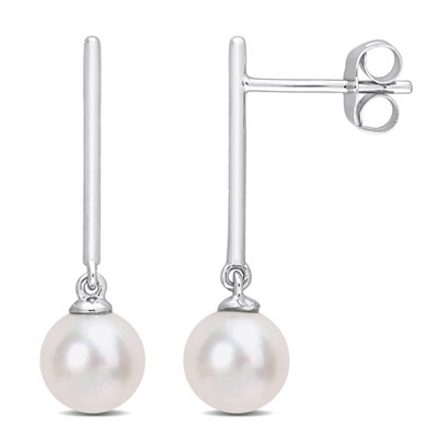 EVERLY JEWELRY | 10k White Gold 6 - 6.5 MM Cultured Freshwater Pearl Dangle Drop Earrings