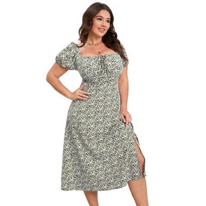 Coolmee Women's Summer Floral Plus Size Dress Square Neck Puff Sleeve Boho Maxi Dresses Tie Front High Waist Split Long Dress - 1 of 4