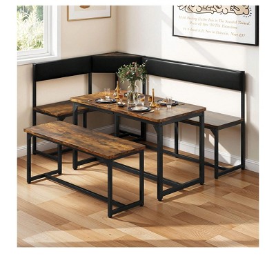 DWVO 3-Piece Dining Table Set for 4-6 People,Corner  Dining Room Table with Left Seat and Bench for Breakfast Restaurant Brown