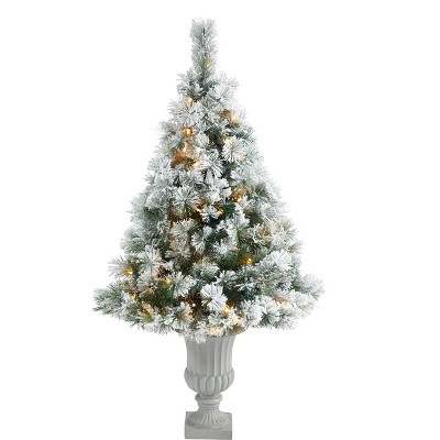 Nearly Natural 56-in Flocked Oregon Pine Artificial Christmas Tree with 100 Clear Lights and 215 Bendable Branches in Decorative Urn
